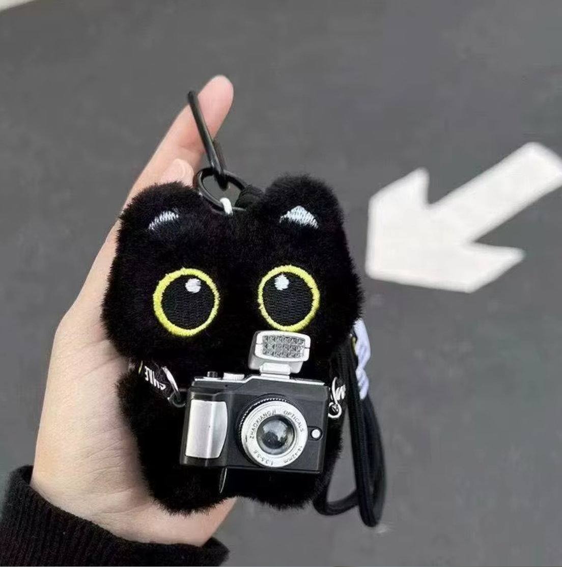 Little Black Cat with Camera Keychain