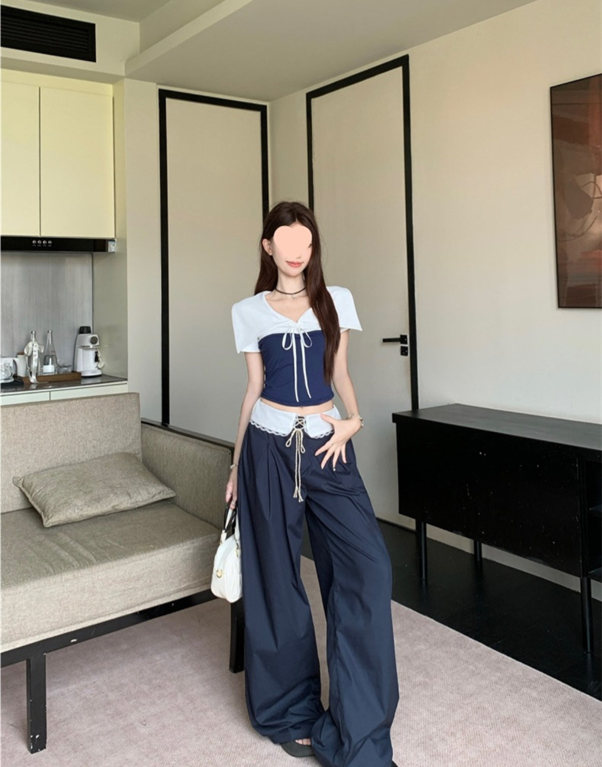 Navy Ribbon Top