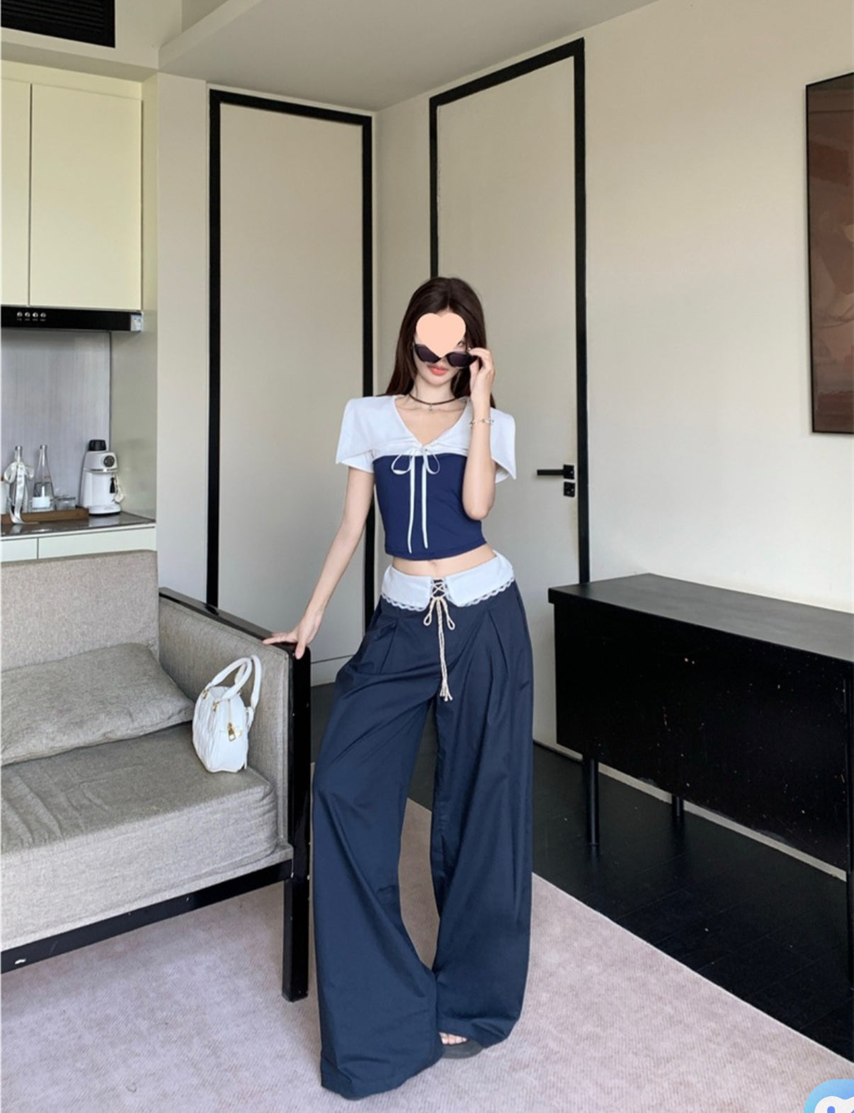 Navy Ribbon Top