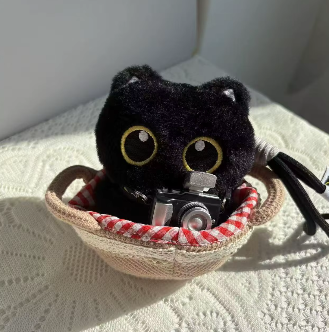 Little Black Cat with Camera Keychain